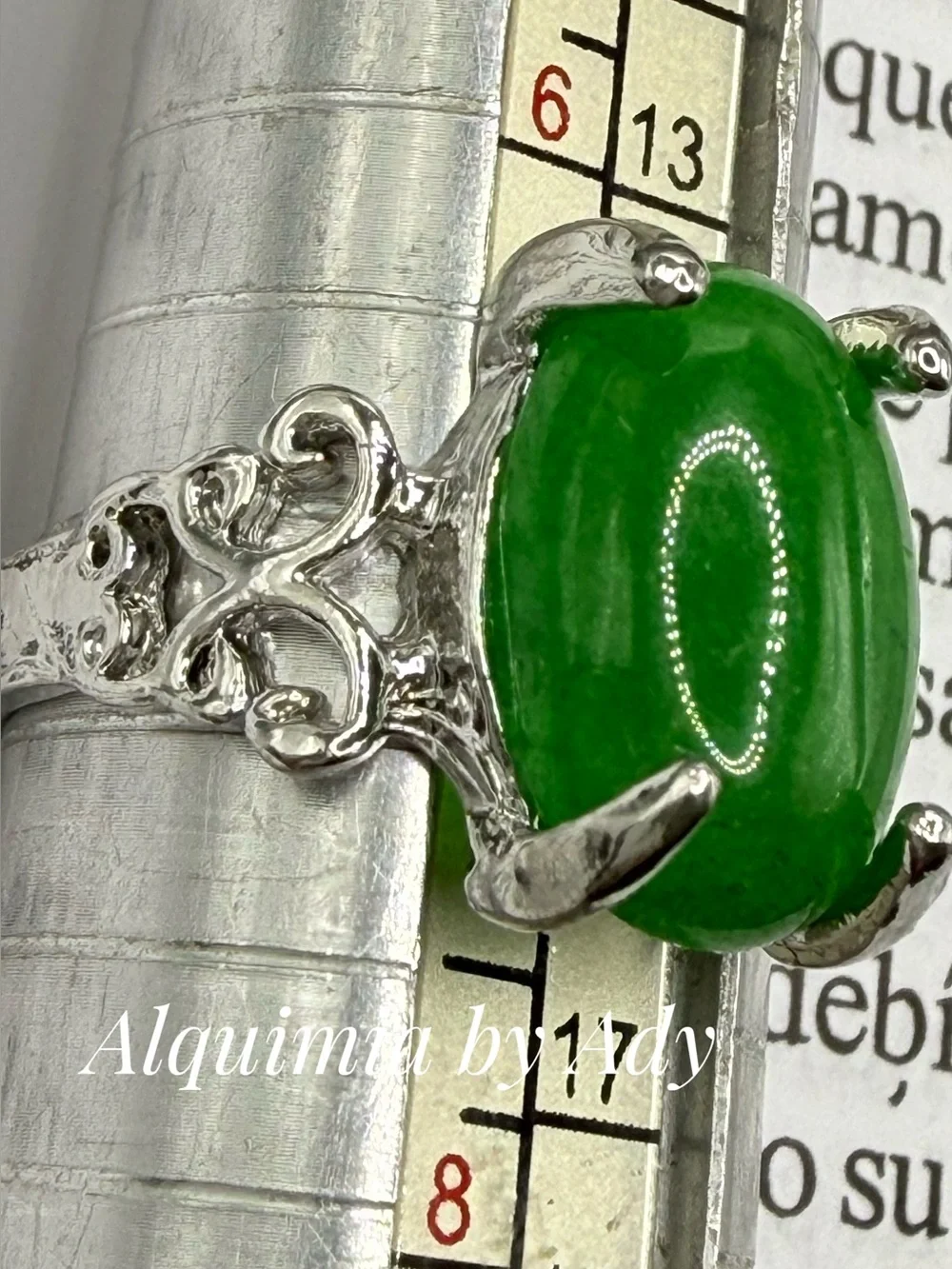 Silver and green jade cocktail ring
